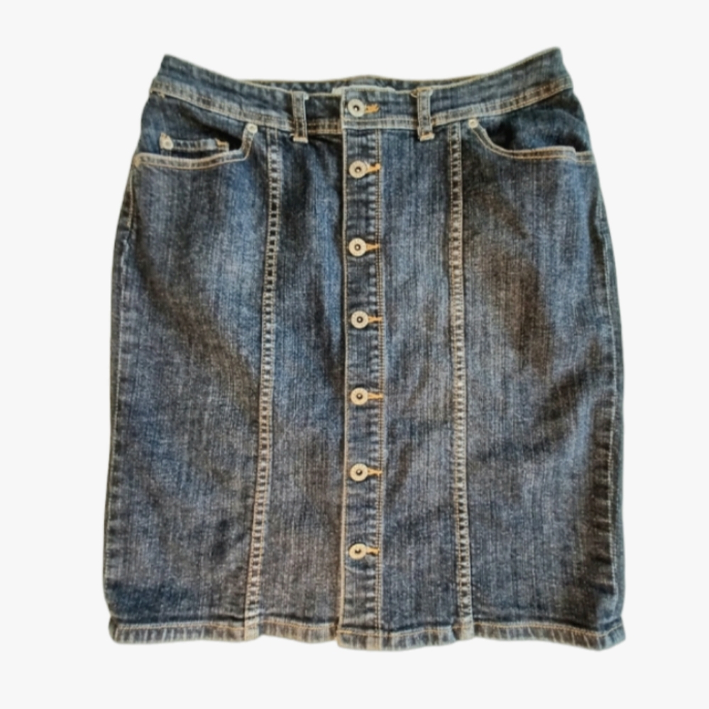 Chico's Platinum Silvia Stretch Button Front Denim Jean Skirt Women's Sz Med 8